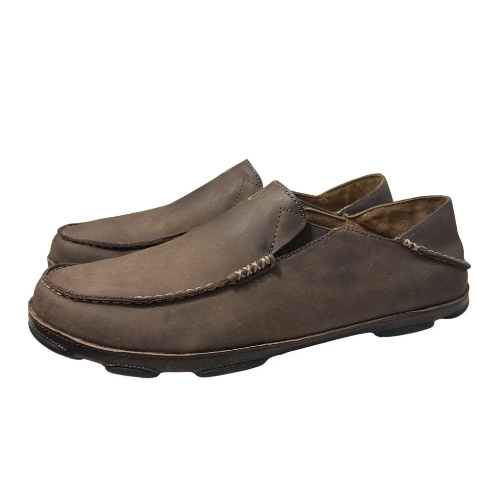 OluKai Moloa Slip On Loafers Mens 14 Dark Wood Brown Good Leather Drop In Heel